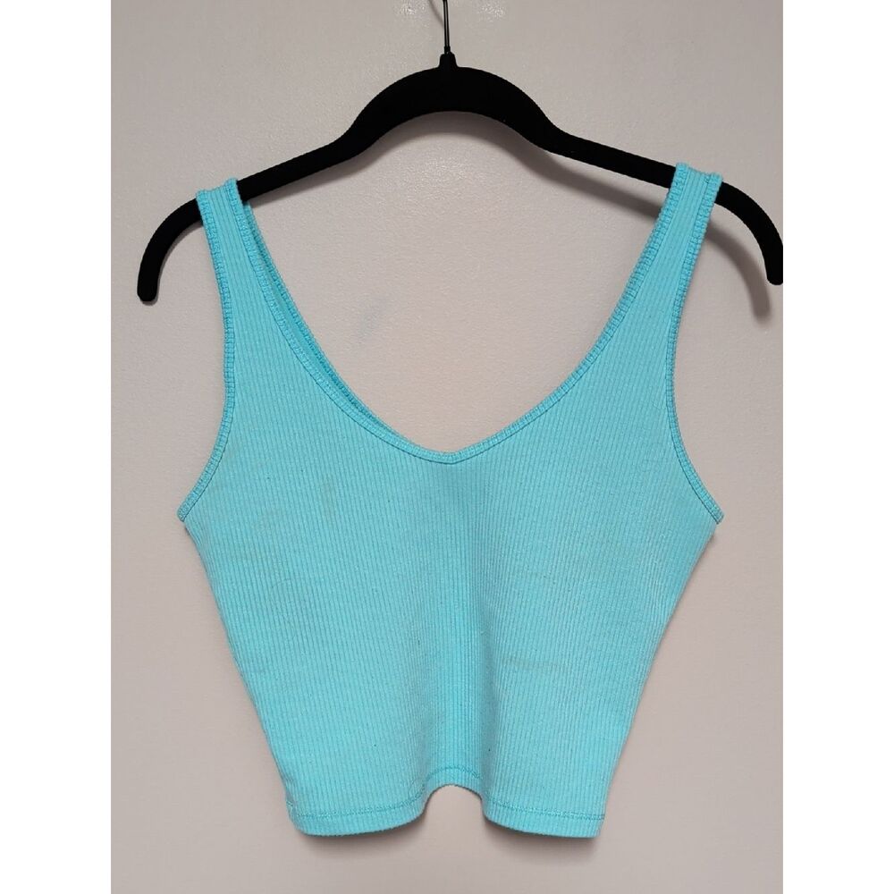 Ribbed V-Neck Crop Tank Top - Aqua Blue